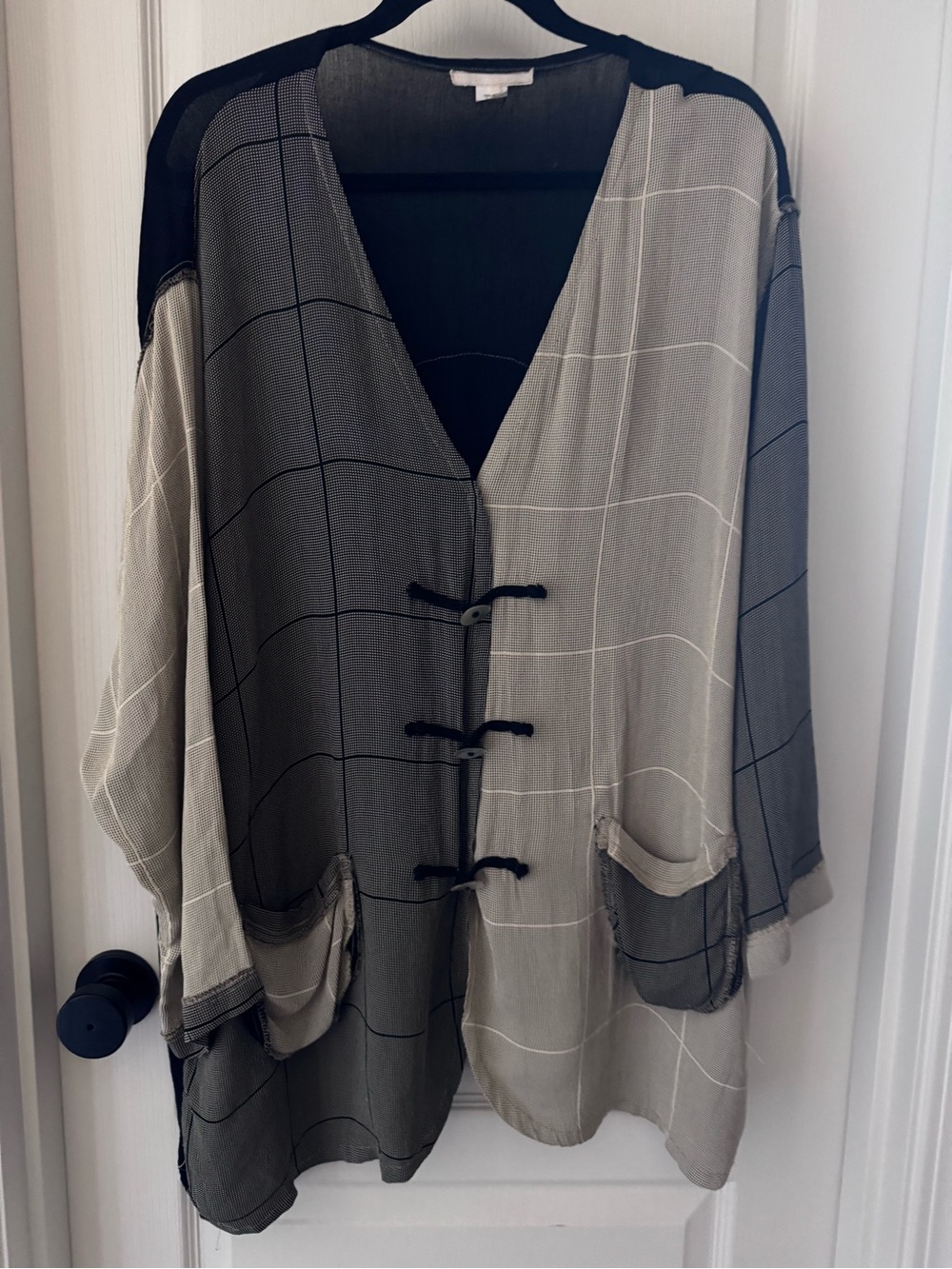 Asian Influenced Two-Tone Black and Beige Windowpane Utility Jacket ONE SIZE